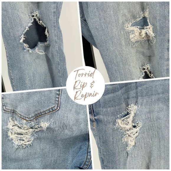 Torrid Boyfriend Stretch Mid-Rise Rip & Repair Jeans Plus 20 R Whiskers Stitched - Picture 3 of 16